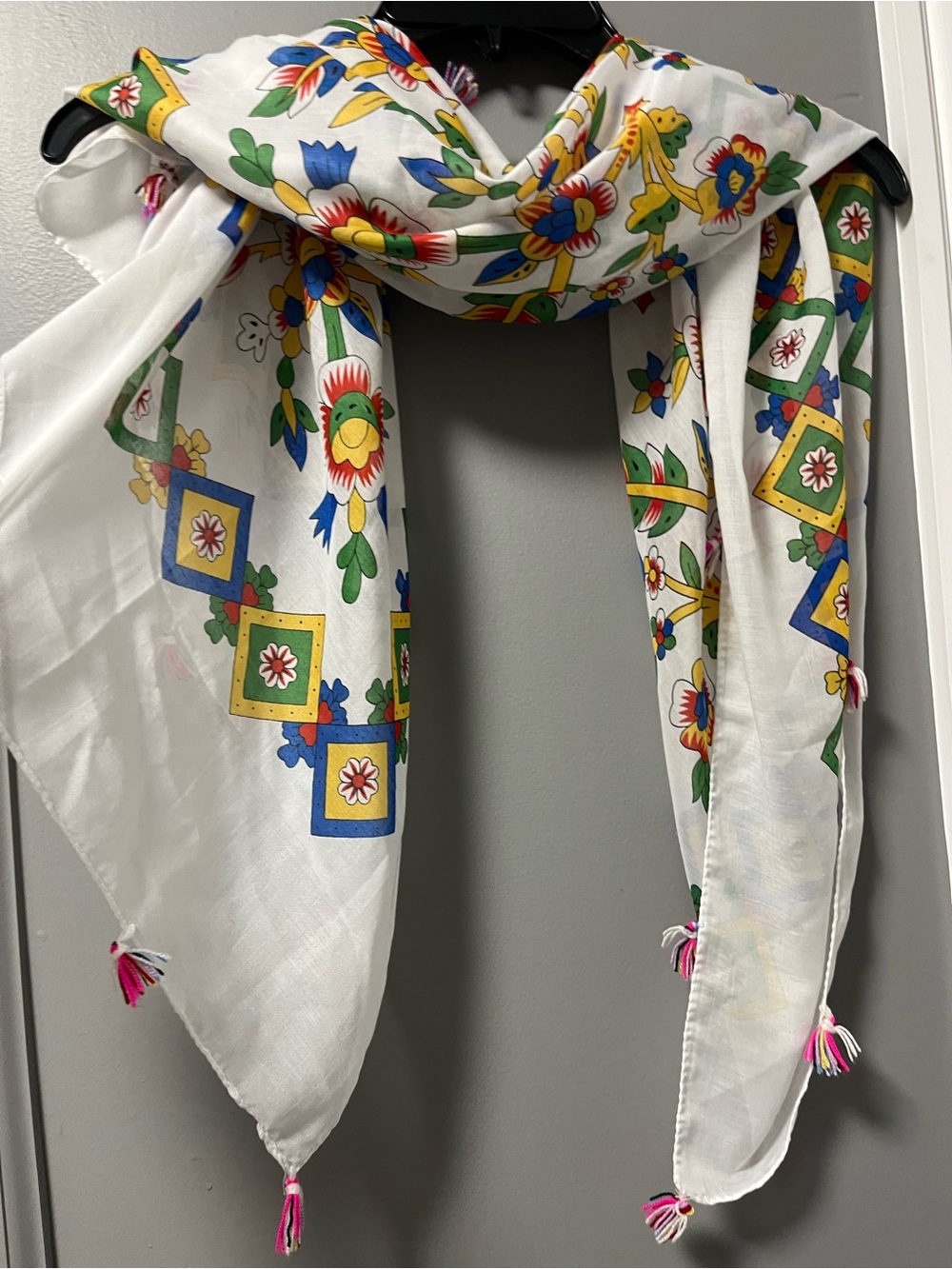 White Floral & Geometric Print Scarf with Multicolor Tassels